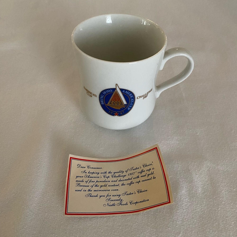 1987 Sail America’s Cup Challenge Taster’s Choice®️ coffee cup decorated w/Gold